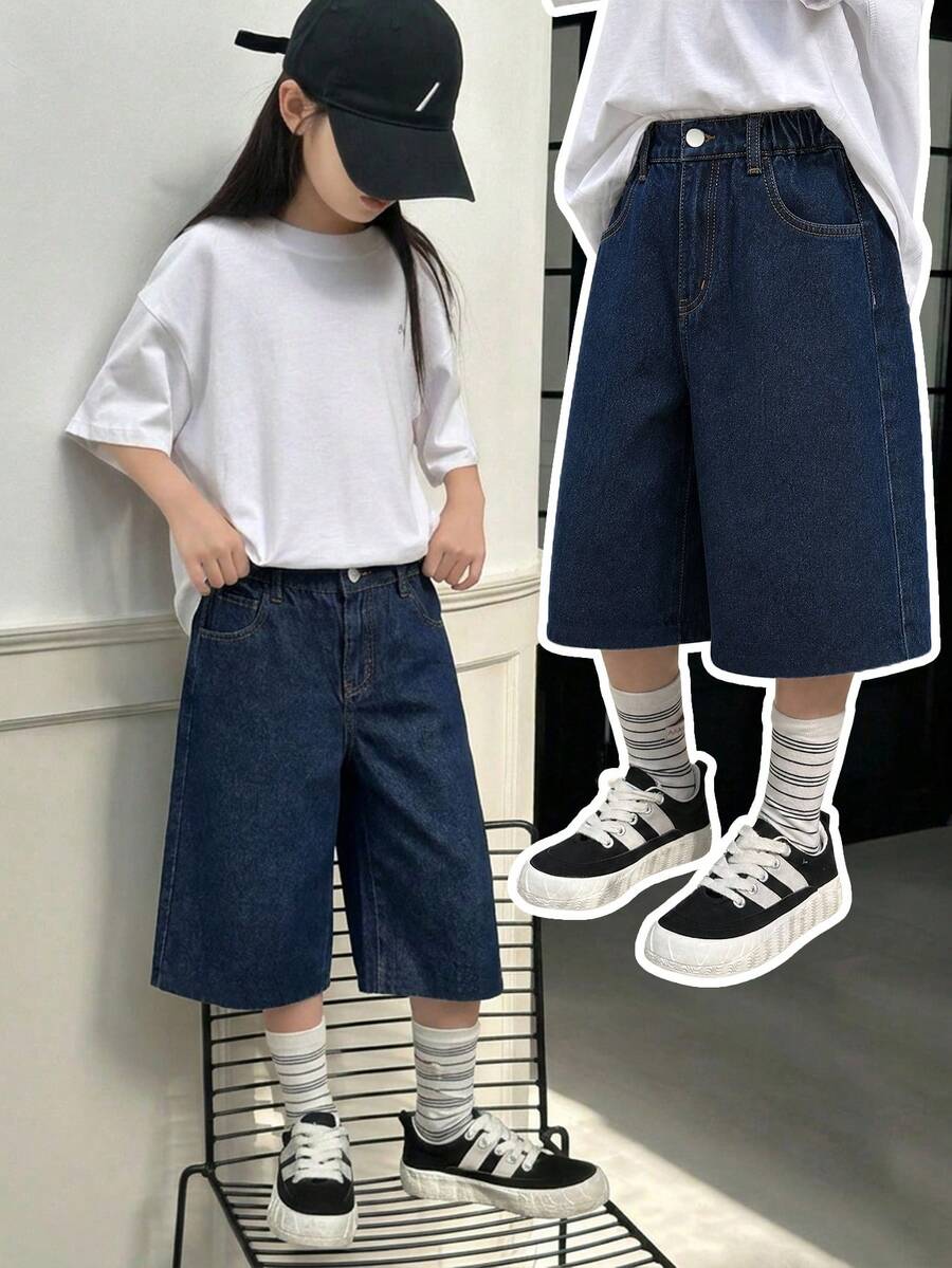 SHEIN Genkimix Kids Pantalones cortos vaqueros casuales de ajuste holgado para niñas preadolescentes, de algodón suave, de moda, versátiles, relajados, minimalistas, con cintura elástica, diseño clásico de 5 bolsillos, bajo deshilachado, ajuste relajado, azul oscuro clásico, adecuados para uso diario y vacaciones
