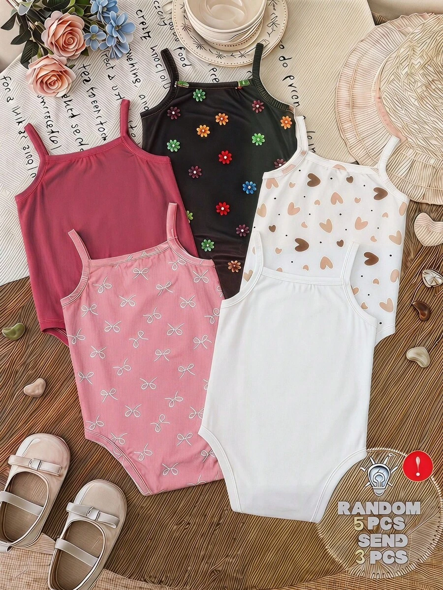 SHEIN LMoss Kids 3件套女婴可爱爱心、花朵、蝴蝶结印花连体衣,休闲简约风格,适合春夏穿着 - 彩色 - 查看 1