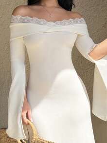 Vassilux Apricot Color Knitted Off-Shoulder Long Dress For Women Women's Dress Long Dress Valentine's Day Dresses For Women Elegant Dress Women Valentine Outfits For Women Elegant Dresses For Party Elegant Dresses For Ladies - Apricot - View 5