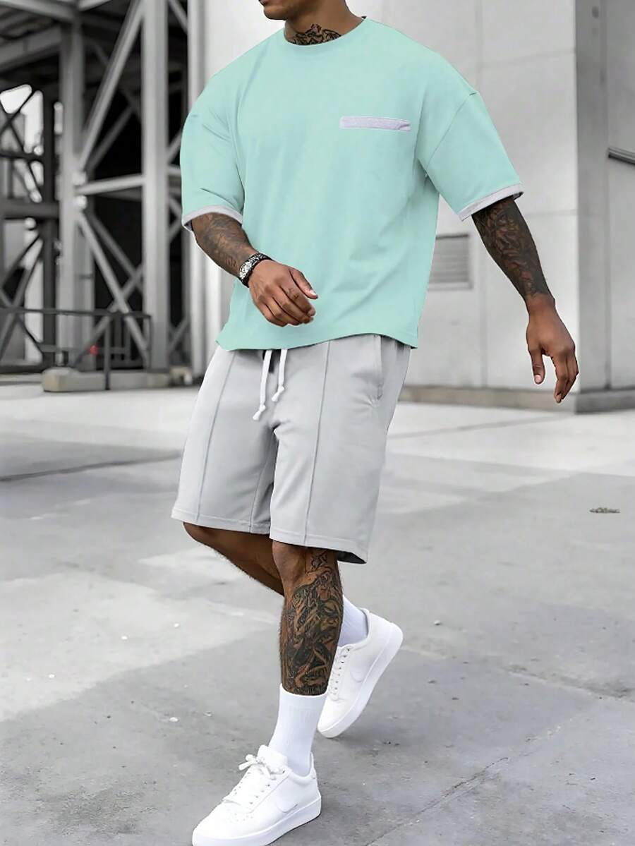 Manfinity Homme Men's Versatile Contrast Color Round Neck Short Sleeve T-Shirt And Casual Drawstring Waist Pocket Shorts Set - Multicolor - View 1