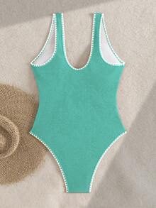 SHEIN Swim Swim Swim Lushoire 橙色纹理连体泳衣，饰有贝壳图案和撞色滚边，适合夏季海滩穿着 - 薄荷綠 - 查看 2