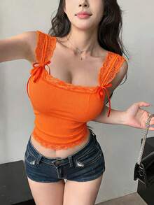 DAZY 女款蕾絲拼接蝴蝶結裝飾修身休閒上衣 夏季可愛上衣 - 亮橙色 - 查看 3