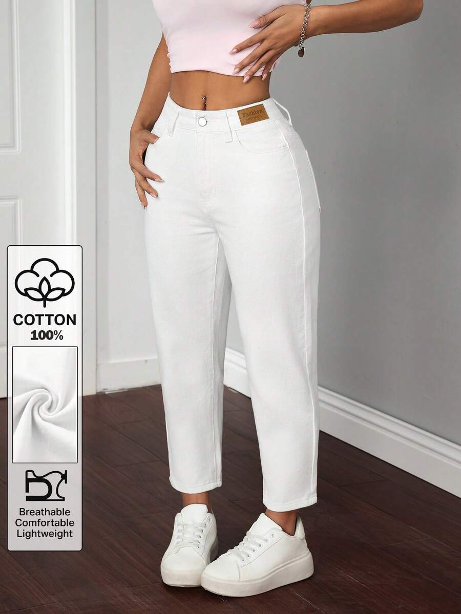 SHEIN PETITE Women's Solid Color Front Button Pocket Casual Denim Long Pants - White - View 1