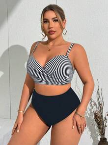 Swim Lushoire Bộ đồ bơi mùa hè dành cho nữ, gồm áo tankini có gọng, kiểu dáng chéo phía trước, họa tiết kẻ sọc, chất liệu vải dệt nổi, kết hợp với quần bơi đen kẻ sọc xếp ly ôm bụng, thích hợp cho đi biển. - Nhiều màu - Xem 6