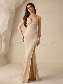 Coutiva Women's Elegant Backless Satin Evening Gown, Spaghetti Strap Pleated Side Slit Formal Party Dress,Luxury Bodycon Wedding Guest Graduation Dress - Light Yellow - View 9