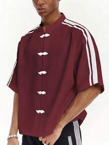 PAVTROS Camisa de manga corta con cuello alto, cinta de contraste de color y botones, estilo chino para hombres - Rojo - Ver 4