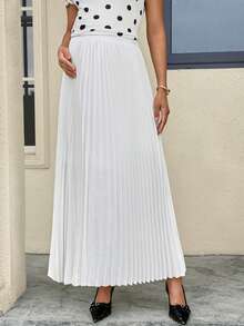 MaterniWear Maternity Solid Color Pleated Long Casual Skirt - White - View 8
