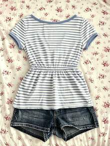 INAWLY Women's Casual Striped V-Neck Short Sleeve T-Shirt - Multicolor - View 2
