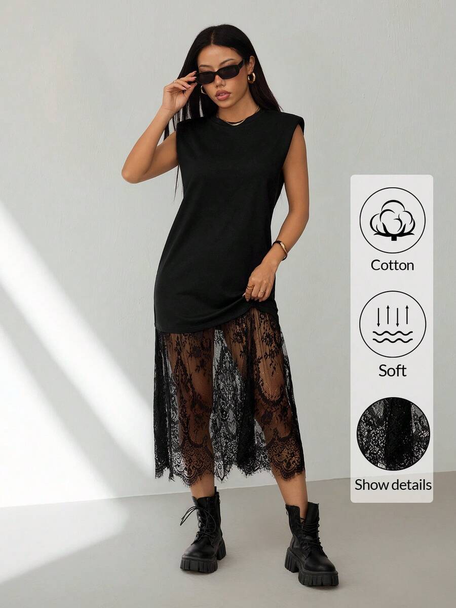 SHEIN PETITE 女士休闲纯色蕾丝拼接无袖长裙,适合日常穿着、通勤,时尚百搭,春夏皆宜。 - 黑色 - 查看 1