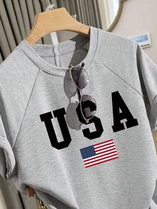 少女美国国旗印花抽绳口袋T恤和短裤两件套，休闲舒适柔软圆领短袖T恤带口袋短裤，适合春夏穿着，宽松版型，日常休闲穿搭，清凉夏季系列，少女必备，返校必备，夏季少女时尚基础款，春夏韩版风格，日常少女时尚 - 淺灰色 - 查看 4