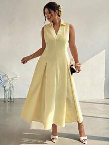 Firerie Plus Size Women's Elegant Summer Yellow Sleeveless V-Neck Waist Gathered A-Line Dress,Casual Daily Commute Beach Tea Party Vacation Chic - Yellow - View 8