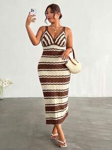 Firerie Plus Size Women Vacation Striped Bodycon Sexy Spaghetti Strap Knit Dress Fall - Coffee Brown - View 3