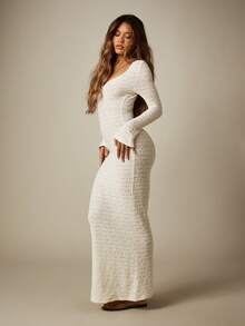 MISSGUIDED Long Sleeve Knitted Lace Texture Bodycon Maxi Dress With Boat Neck And Bell Cuffs Evening Style - Apricot - View 3