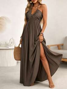 Wandoria Women's Brown Linen Blend Spaghetti Strap Tie Bow Front Ruffle Shirred A-Line Maxi Dress,Summer Casual Holiday Vacation Holiday Sundress - Coffee Brown - View 6