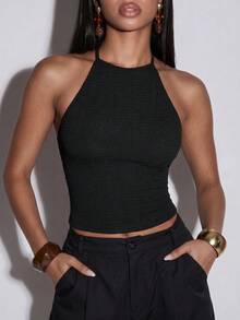 Normani 夏季黑色性感露背緊身掛脖背心女款，女式掛脖上衣，夏季上衣 - 黑色 - 查看 4