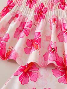 SHEIN Elladie kids 女孩粉色芙蓉花印花吊带背心搭配直筒裤，夏季度假套装，优雅时尚的夏季海滩度假风 - 粉色 - 查看 4