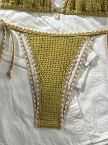 Swim Mod Women's Solid Color Jacquard Fabric Ruffle Trim Tie Strap 2-Piece Bikini Set, Summer - Khaki - View 6