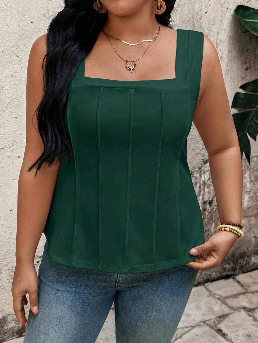 EMERY ROSE Plus Size Square Neck Tank Top, Vertical Pleats Design Flatters Figure, Loose Comfortable Fit, Friendly Shoulder Straps Dark Green Summer Casual - Dark Green - View 1