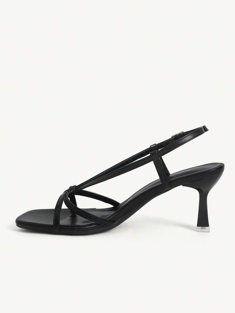 CUCCOO CHICEST Women's Shoes Cross Strap Open-Toed Square Toe Stiletto Fashion Commuter Black PU Leather Heels Sandals Dating Afternoon Tea