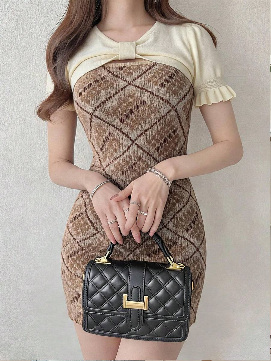 FRIFUL Conjunto de 2 piezas de vestido a cuadros y blusa plisada de unicolor de punto, de moda para uso diario - Caqui - Ver 1