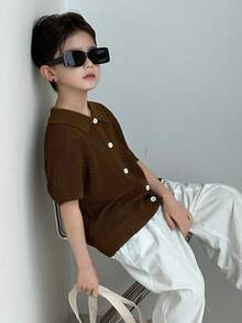 Dazy Kids Tween Boy Solid Color Single-Breasted Casual Versatile Everyday Knit Top Summer - Brown - View 6