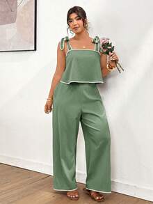 Lounesse Plus Size Women Shoulder Tie Design Camisole And Pants Set, Fashionable Commuter Outfit - Green - View 6