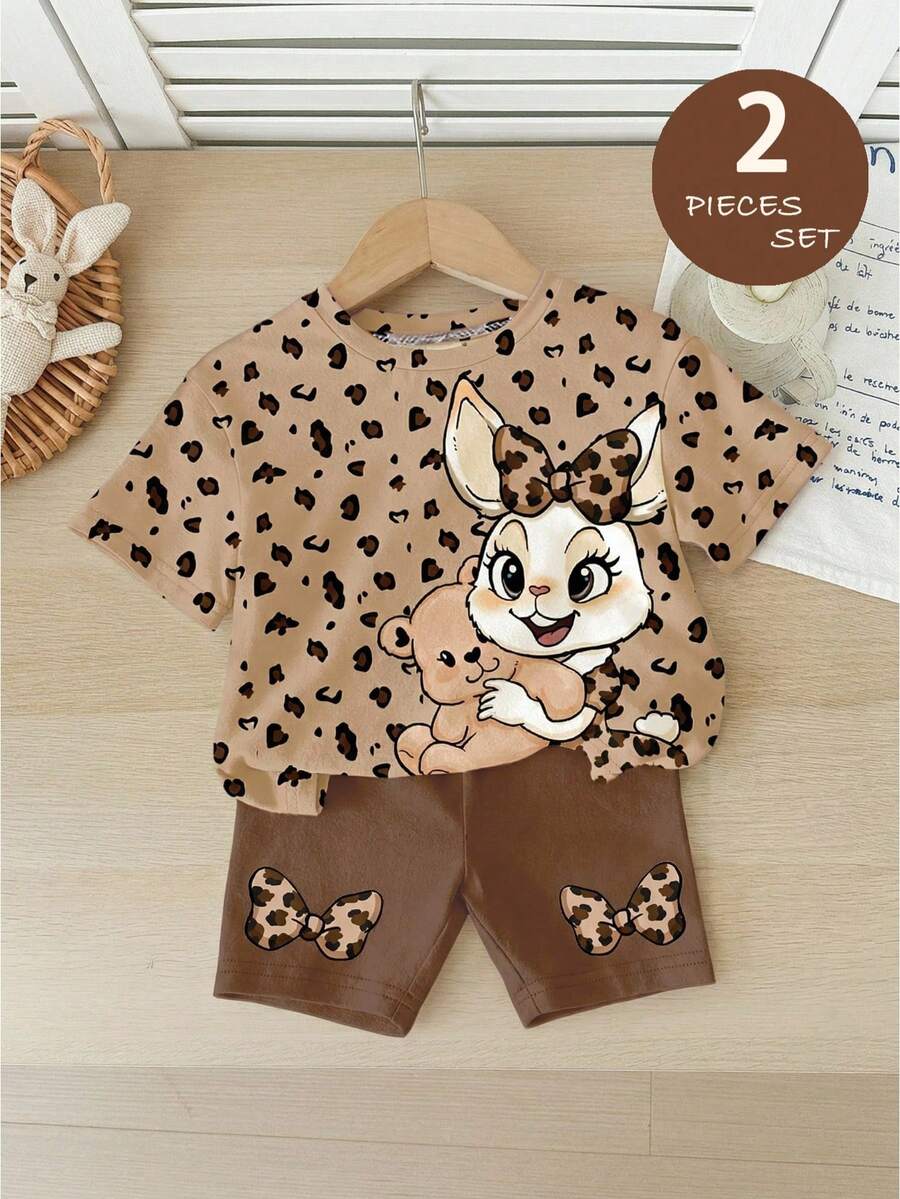 SHEIN LMoss Kids Baby Girl's Chic Outfit: Cherry Pattern Paired With Retro Leopard Print Flare Pants Two Pieces Set - Multicolor - View 1
