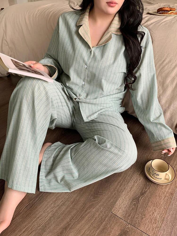 Dazy Plus Fresh Green Striped Patchwork Loose Shirt And Long Pants Plus Size Women Spring/Summer Pajama Set