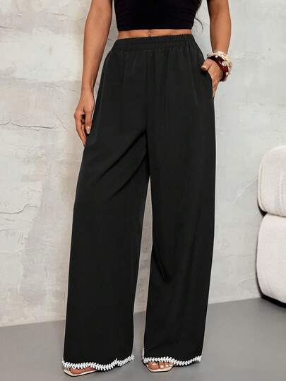 SHEIN PETITE Women's Fashionable, Casual, Color-Blocked Lace Pants-Perfect For All Seasons. Black Set, Spring/Summer Women's Wear, Business-Casual Style, Wide-Leg Pants, Lace Ruffled-Hem Blouse, Summer Styles