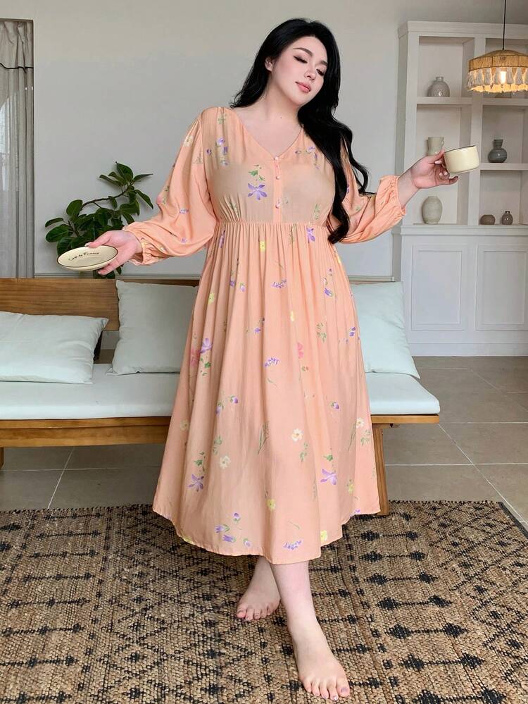 Dazy Plus Plus Size Women Floral Allover Print Long Nightgown, Cute Spring/Summer