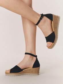 Styleloop Giày sandal đế xuồng kiểu La Mã cho nữ, kiểu dáng chéo, cao gót, hở mũi, có khóa cài, chất liệu rơm, thích hợp cho mùa xuân, hè, mẫu mới, mang đến không khí nghỉ dưỡng, trang phục mùa hè, món đồ không thể thiếu khi đi du lịch. - Đen nâu nhạt - Xem 6