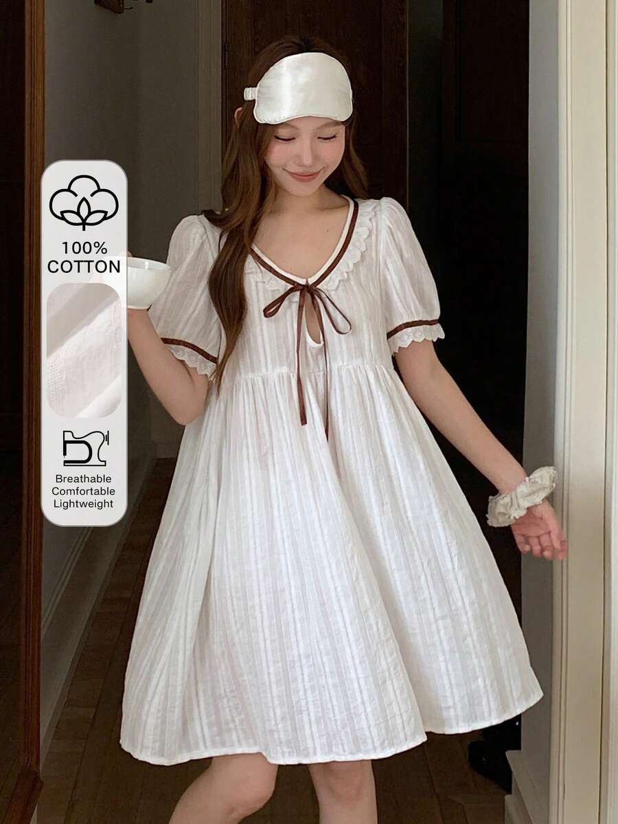 Livesso 女士前系带短款花瓣袖宽松睡裙 - 白色 - 查看 1