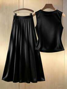 Nuevo conjunto de 2 piezas casual y elegante para resort, fiesta en la playa, cuello redondo, sin mangas, con perlas, color champán dorado, primavera/verano - Negro - Ver 2