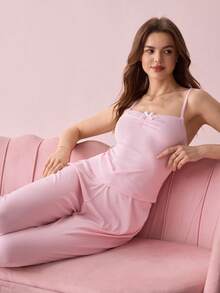 Bonmuse 2 Pcs Women's Lingerie Set Pink Bow-Adorned Strappy Women's Nightgown Top & Pants Women's Sleep Pants Stretchy, Comfortable, Cute & Elegant Holiday Attire Home & Outings Pajama Setfor Summer - Pink - View 3