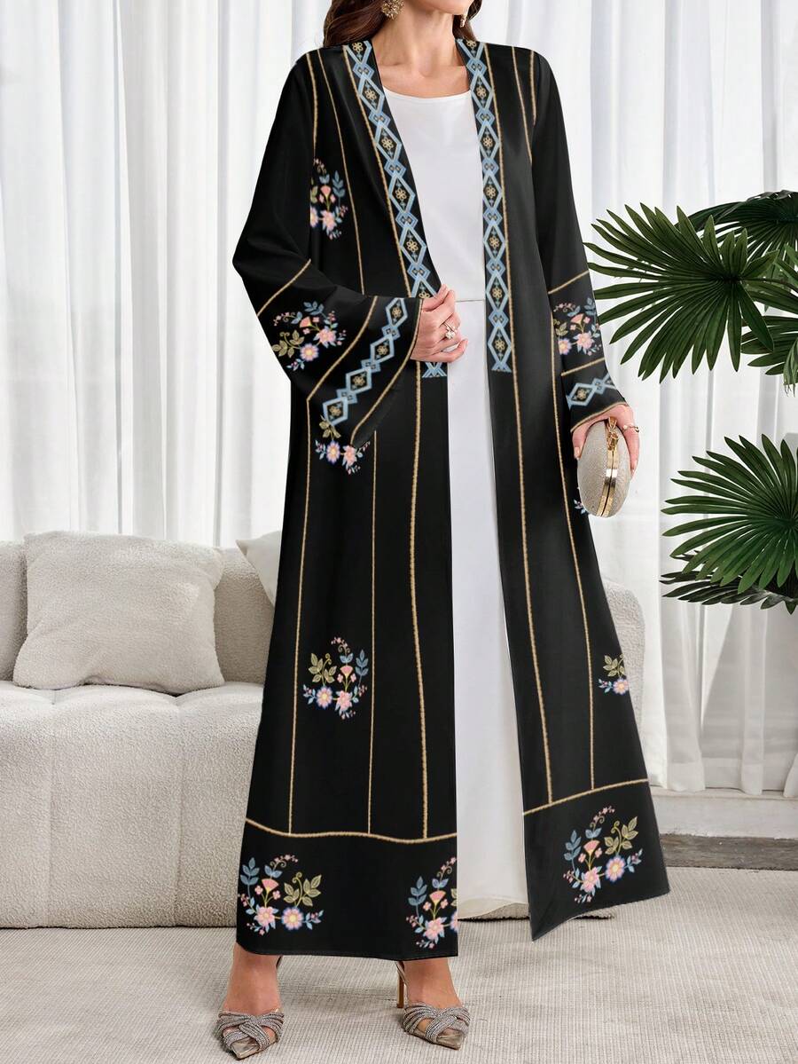 Al Najma Áo Abaya Ả Rập kín đáo với họa tiết hoa - trắng - Xem 1
