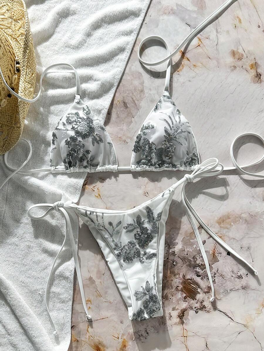 Swim Mod 2-Piece Swimwear, Solid Color Sequin Textured Halter Bra Top And Side Tie Bottoms Sexy Bikini Set, Spring/Summer Beach Vacation - White - View 1