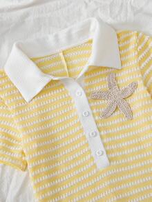 SHEIN Tween Girl Embellished Starfish Striped Polo Neck Romper - Yellow - View 4