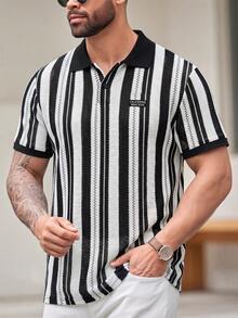 EASEVO Plus Size Men Casual Striped Short Sleeve Letter Printed Polo Shirt - Multicolor - View 2