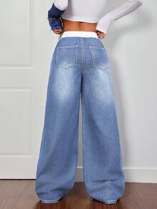 SHEIN EZwear 大码女式抽绳腰带休闲百搭日常牛仔裤 - 藍色 - 查看 3