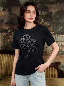 Anewsta Rhinestone Decor Round Neck Black Casual Short Sleeve T-Shirt, Summer - Black - View 4