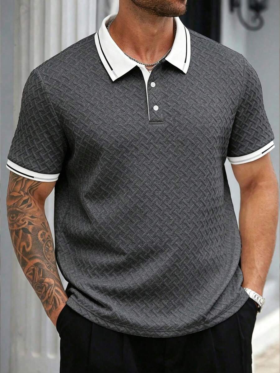 Manfinity Homme 男士大尺碼對比色短袖休閒通勤 Polo 衫,正式款 - 深灰色 - 查看 1