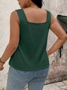 EMERY ROSE Plus Size Square Neck Tank Top, Vertical Pleats Design Flatters Figure, Loose Comfortable Fit, Friendly Shoulder Straps Dark Green Summer Casual - Dark Green - View 2