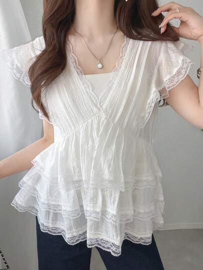 FRIFUL Women's Sweet Fashion Versatile Multi-Layer Lace Patchwork Blouse