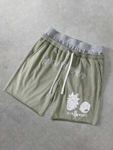 Rick and Morty X SHEIN 男士时尚百搭刺绣双腰带抽绳短裤 - 橄欖綠 - 查看 6