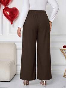 SHEIN Tall CURVE 大码休闲纯色高腰阔腿裤 - 黑色 - 查看 2