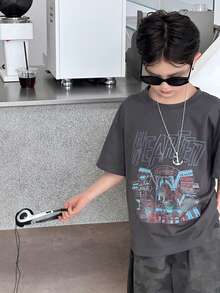 DAZY Camiseta básica de cuello redondo con diseño estampado para niños preadolescentes en verano - Gris Oscuro - Ver 5