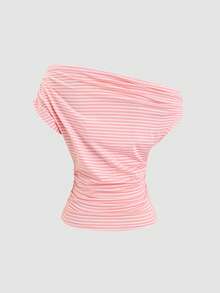 Sweetra Camiseta de mujer de estilo casual de vacaciones, con diseño asimétrico de hombro distintivo a rayas, de estilo puro, suave y dulce - Rosa - Ver 2