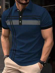 Manfinity Homme Men's Plus Size Navy Blue Polo Shirt, Summer Casual Golf Top, Short Sleeve Stylish Stripe Button Up, Classic Collar Design, Old Money Vintage Style, Birthday Gift, Formal - Navy Blue - View 1