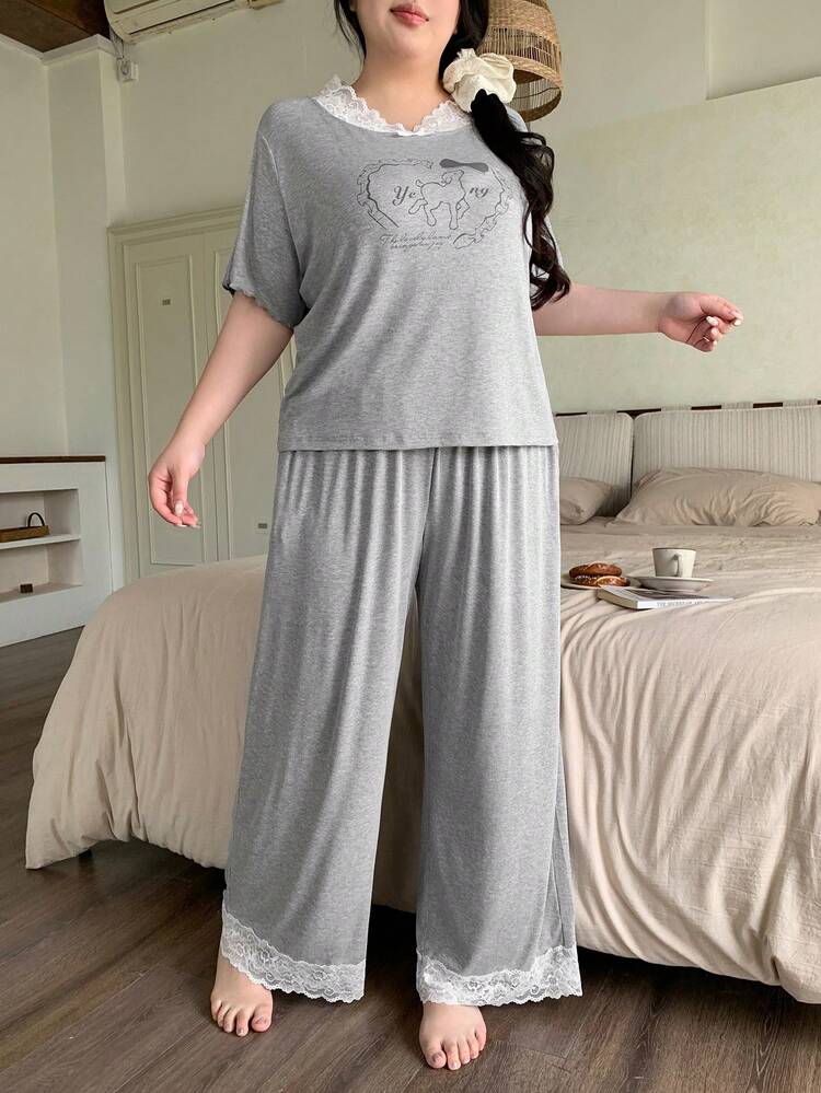 Dazy Plus 2pcs Cute Sheep Print Lace Patchwork Loose Short Sleeve Pants Pajama Set, Spring/Summer Sleepwear For Plus Size Women