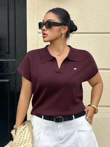 Dazy Plus Blusa de punto holgada de unicolor con cuello medio abierto y manga corta, adecuada para primavera/verano y uso diario, talla grande - Burdeos - Ver 6
